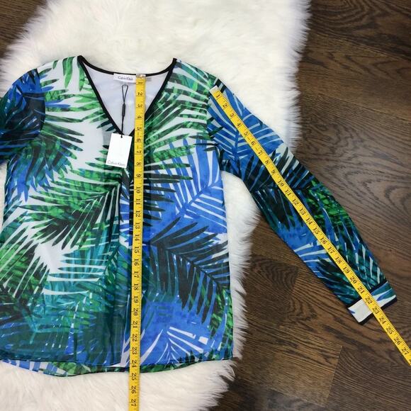 NWT Calvin Klein Top Blouse XS Tropical Long Sleeve Chiffon Pleated V Neck Crepe - Picture 10 of 10